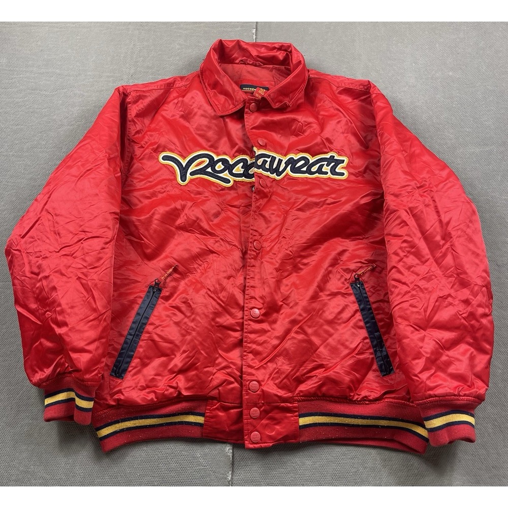 Rocawear Jacket Mens Large Red Satin Bomber Jacket Embroidered Button Script